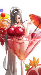 Rule 34 | 1girl, absurdly long hair, bare legs, bikini, blue eyes, braid, breasts, cherry, cocktail, cocktail glass, cocktail umbrella, cup, destiny child, drinking glass, food, fruit, grapes, highres, lan fei (destiny child), large breasts, long hair, mole, mole under mouth, one eye closed, partially submerged, pineapple, pomegranate, sexually suggestive, swimsuit, very long hair, yonic symbol, yurika48597221