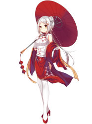 Rule 34 | 1girl, blush, chongqing (warship girls r), double bun, dress, embroidery, floral print, gloves, hair bun, hair ornament, hecha (01964237), high heels, holding, holding umbrella, lantern, looking at viewer, red dress, red footwear, shoes, sleeveless, smile, standing, thighhighs, umbrella, vest, warship girls r, white gloves, white hair, white thighhighs, white vest, yellow eyes