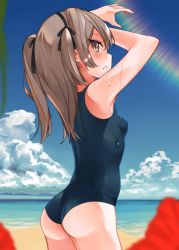 Rule 34 | :o, absurdres, arms up, ass, bare arms, beach, black ribbon, blue sky, blush, breasts, brown eyes, brown hair, cloud, cowboy shot, girls und panzer, hair ribbon, highres, long hair, looking to the side, monomono, open mouth, ribbon, school swimsuit, shimada arisu, sky, small breasts, standing, sunlight, swimsuit, two side up, wet