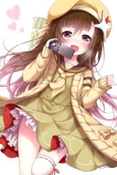 Rule 34 | 1girl, :d, beret, blush, brown eyes, brown hair, camcorder, cardigan, chunithm, collarbone, dress, fang, furrowed brow, green dress, hair between eyes, hat, heart, heart-shaped pupils, highres, holding, kannonji nikoru, long hair, looking at viewer, neckerchief, open cardigan, open clothes, open mouth, ribbon-trimmed legwear, ribbon trim, sailor dress, sanotsuki, single thighhigh, sleeves past wrists, smile, solo, sparkle, sweater, symbol-shaped pupils, thighhighs, very long hair, video camera, white background, white thighhighs, yellow hat, yellow sweater