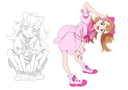 Rule 34 | 1girl, bow, drawstring, dress, gya-tei, hair bow, hand on own knee, highres, hood, hood down, hooded dress, inukai komugi, leaning forward, lineart, long hair, looking at viewer, no socks, open mouth, pink bow, pink dress, pink footwear, precure, red eyes, salute, shoes, short dress, short sleeves, simple background, sketch, smile, solo, split ponytail, squatting, standing, white background, wonderful precure!