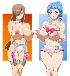 Rule 34 | 00s, 2girls, alfa system, ange serena, blue eyes, blue hair, blush, breasts, breasts out, brown hair, cameltoe, cleft of venus, curvy, dildo, female focus, frills, garter belt, green eyes, hair over one eye, hokuto (tokuho), huge breasts, large breasts, long hair, looking at viewer, miniskirt, multiple girls, navel, nipples, no bra, no panties, ponytail, puffy nipples, pussy, sex toy, skirt, standing, tales of (series), tales of innocence, tales of the abyss, tear grants, thigh gap, uncensored