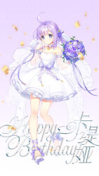 Rule 34 | 1girl, :o, ahoge, ankle bow, ankle ribbon, bare legs, bare shoulders, birthday, bouquet, bow, breasts, bright pupils, character name, chinese text, choker, confetti, detached sleeves, dress, english text, flower, full body, gradient background, hair bow, hair flower, hair ornament, hands up, happy birthday, heel up, high heels, highres, holding, holding bouquet, holding veil, hydrangea, lace-trimmed choker, lace trim, layered dress, leg ribbon, long hair, long sleeves, looking at viewer, official art, puffy long sleeves, puffy sleeves, purple background, purple bow, purple eyes, purple flower, purple hair, purple ribbon, revdol, ribbon, see-through, see-through sleeves, short dress, sleeveless, sleeveless dress, small breasts, solo, standing, star-shaped pupils, star (symbol), star ornament, strapless, strapless dress, symbol-shaped pupils, twintails, uranova katya, veil, very long hair, virtual youtuber, wedding dress, white dress, white footwear, white pupils