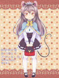 Rule 34 | 1girl, alternate hair length, alternate hairstyle, animal ears, artist name, bag, black footwear, black skirt, blue capelet, blush, border, bow, bowtie, capelet, commentary request, dated, full body, grey hair, hair between eyes, handbag, holding, holding bag, holding handbag, jewelry, lace, lace border, long hair, long sleeves, looking at viewer, mary janes, mouse ears, mouse tail, nazrin, ornate border, pendant, petticoat, polka dot, polka dot background, red eyes, shirt, shoes, skirt, smile, solo, standing, tail, tail bow, tail ornament, tan background, thick eyebrows, thighhighs, tiara, tomo takino, touhou, translation request, v arms, very long hair, white shirt, white thighhighs, yellow bow, yellow bowtie, zettai ryouiki