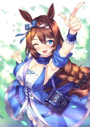 Rule 34 | 1girl, ;d, animal ears, armpits, bad id, bad pixiv id, bag, between breasts, blue bow, blue dress, blue eyes, bow, braid, breasts, brown hair, cleavage, cowboy shot, detached sleeves, dress, french braid, frilled cuffs, frilled dress, frills, hair between eyes, hair bow, hair ornament, hand up, handbag, highres, horse ears, horse girl, horse tail, index finger raised, large breasts, looking up, multicolored hair, o-ring, one eye closed, open mouth, rainbow, scrunchie, shirokuma a, smile, solo, standing, strap between breasts, super creek (umamusume), sweat, tail, two-tone hair, umamusume, white hair, wrist cuffs