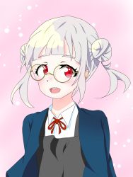 Rule 34 | 1girl, arashi chisato, artist name, artist request, blue cardigan, blue jacket, blush, bow, bowtie, breasts, buttons, cardigan, collared shirt, cropped jacket, double bun, dress, dress shirt, female focus, floating hair, glasses, grey shirt, hair bun, hair tie, highres, jacket, long hair, long sleeves, looking at viewer, love live!, love live! superstar!!, neck ribbon, parted lips, pink background, red bow, red eyes, red ribbon, ribbon, school uniform, shirt, small breasts, smile, solo, twintails, upper body, wavy hair, white hair, white shirt, wing collar, yuigaoka school uniform