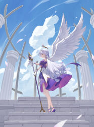 Rule 34 | 1girl, absurdres, angel wings, bare shoulders, blue sky, braid, closed eyes, cloud, cloudy sky, detached sleeves, dress, earrings, facial mark, falling petals, feathered wings, from side, full body, gloves, halo, hanavvi, head wings, high heels, highres, honkai: star rail, honkai (series), jewelry, microphone stand, outdoors, parted lips, petals, purple dress, purple footwear, purple hair, robin (honkai: star rail), short sleeves, sky, solo, stairs, white gloves, wings