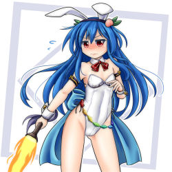 Rule 34 | 1girl, adapted costume, animal ears, blue hair, blush, rabbit ears, rabbit tail, cowboy shot, detached collar, fire, flat chest, flying sweatdrops, hinanawi tenshi, leotard, long hair, mail (mail gell), neck ribbon, playboy bunny, rabbit girl, red eyes, red ribbon, ribbon, solo, standing, strapless, strapless leotard, sword of hisou, tail, touhou, white leotard, wrist cuffs