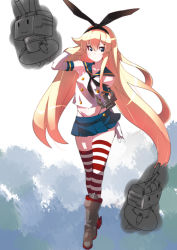 Rule 34 | 10s, 1girl, absurdres, anchor, anchor hair ornament, bare shoulders, blonde hair, blue eyes, boots, elbow gloves, full body, gloves, grey footwear, hair ornament, hair ribbon, hairband, highres, kantai collection, makai, miniskirt, navel, personification, rensouhou-chan, ribbon, sailor collar, shimakaze (kancolle), skirt, striped clothes, striped thighhighs, thighhighs
