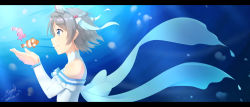 Rule 34 | 1girl, aqua skirt, aquarium, armpits, artist request, bare shoulders, blue bow, blue eyes, blush, bow, bowtie, bracelet, breasts, capelet, crop top, detached sleeves, female focus, fish, frilled capelet, frills, grey hair, hair ornament, highres, jewelry, koi ni naritai aquarium, love live!, love live! sunshine!!, medium breasts, miniskirt, navel, outstretched arms, panties, short hair, skirt, smile, solo, striped bow, striped bowtie, striped clothes, thighhighs, tiara, underwear, watanabe you