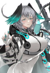 Rule 34 | arknights, between breasts, black feathers, blue feathers, blue nails, blush, breasts, claw pose, commentary request, dress, esuda0919, feathered wings, feathers, fingerless gloves, fingernails, gloves, green eyes, grey hair, head wings, highres, ho&#039;olheyak (arknights), infection monitor (arknights), large breasts, long fingernails, long tail, looking at viewer, parted lips, pencil dress, sharp fingernails, snake tail, staff, strap between breasts, tail, two-tone wings, very long tail, white dress, white gloves, wings