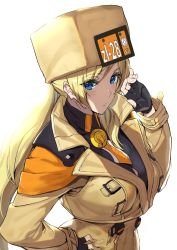 Rule 34 | 1girl, ashiomi masato, black gloves, blonde hair, blue eyes, breasts, fingerless gloves, gloves, guilty gear, guilty gear strive, jacket, large breasts, long hair, long sleeves, looking at viewer, millia rage, simple background, white background, yellow headwear, yellow jacket