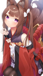 Rule 34 | 1girl, absurdres, amagi-chan (azur lane), animal ears, azur lane, black pantyhose, blunt bangs, blurry, commentary request, depth of field, fox ears, fox girl, fox tail, head tilt, highres, japanese clothes, kimono, kitsune, kyuubi, long hair, looking at viewer, manjuu (azur lane), multiple tails, off shoulder, pantyhose, rope, seele0907, shimenawa, sidelocks, simple background, solo, tail, thick eyebrows, white background, wide sleeves