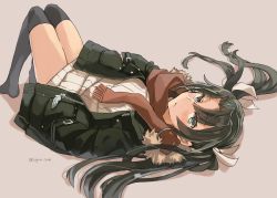 Rule 34 | 1girl, black thighhighs, brown background, brown scarf, fringe trim, fur-trimmed jacket, fur trim, green eyes, green hair, green jacket, hair between eyes, hair ribbon, jacket, kantai collection, long hair, long sleeves, official alternate costume, ribbed sweater, ribbon, scarf, simple background, solo, sugue tettou, sweater, thighhighs, twitter username, white ribbon, white sweater, zuikaku (kancolle)