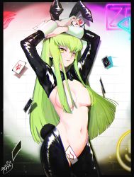 Rule 34 | 1girl, animal ears, arms up, blush, breasts, c.c., card, code geass, convenient censoring, detached collar, fake animal ears, fake tail, green hair, hair censor, hair over breasts, highres, latex, latex legwear, long hair, looking at viewer, medium breasts, meme attire, navel, noppo, open mouth, playing card, rabbit ears, rabbit tail, revealing clothes, reverse bunnysuit, reverse outfit, shrug (clothing), smile, solo, standing, stomach, tail, wrist cuffs, yellow eyes