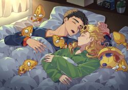 2boys bishounen blonde_hair giorno_giovanna guido_mista jojo_no_kimyou_na_bouken long_hair male_focus multiple_boys sex_pistols_(stand) short_hair sleeping uppi vento_aureo yaoi