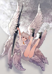 Rule 34 | 1girl, :d, ahoge, angel chromosome xx, angel wings, arms up, bad id, bad pixiv id, black socks, boots, double sided sword, full body, full moon, grey footwear, hair between eyes, holding, holding sword, holding weapon, ikeuchi tanuma, legs up, looking at viewer, medium hair, moon, multiple wings, neon genesis evangelion, open mouth, red eyes, shirt, short shorts, short sleeves, shorts, smile, socks, solo, sword, tabris-xx, twitter username, weapon, white hair, white shirt, white shorts, wings