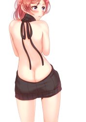 Rule 34 | 10s, 1girl, arms at sides, ass, back, backless dress, backless outfit, bad id, bad pixiv id, bare back, bare shoulders, blush, butt crack, closed mouth, cowboy shot, dress, from behind, halterneck, hip focus, kurono kito, looking back, looking to the side, love live!, love live! school idol project, meme attire, naked sweater, nishikino maki, purple eyes, red hair, ribbed sweater, simple background, solo, sweater, sweater dress, thighs, turtleneck, turtleneck sweater, virgin killer sweater, wavy mouth, white background