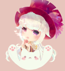 Rule 34 | 1girl, :3, arch bishop (ragnarok online), blush, cat, chibi, commentary request, cross, cup, dress, frilled dress, frilled sleeves, frills, hair flaps, heart, holding, holding cup, long hair, looking at viewer, mug, official alternate costume, open mouth, pink background, poring, purple eyes, ragnarok online, red headwear, simple background, sion (blackhorse), smile, solo, steam, two-tone dress, upper body, white dress, white hair