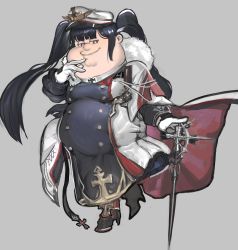 Rule 34 | 1girl, absurdres, azur lane, belly, black footwear, black legwear, breasts, cape, commentary, double chin, english commentary, family guy, fat, grey background, hair behind ear, hat, highres, holding, holding sword, holding weapon, kowai (iamkowai), large breasts, military, military uniform, name connection, parody, peter griffin, peter strasser (azur lane), smile, solo, style parody, sword, twintails, uniform, weapon, white hat