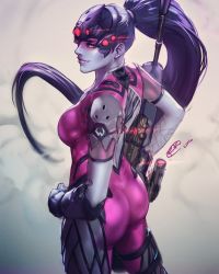 Rule 34 | 1girl, ass, back, backless outfit, bodysuit, breasts, colored skin, gun, head-mounted display, long hair, overwatch, overwatch 1, pink bodysuit, ponytail, purple hair, purple skin, rifle, skin tight, smile, solo, the art mage, very long hair, weapon, widowmaker (overwatch), yellow eyes