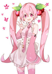 Rule 34 | 1girl, 3774., apron, bare shoulders, cherry blossoms, cherry hair ornament, commentary, cowboy shot, detached sleeves, food-themed hair ornament, frilled shirt, frills, hair ornament, hand up, hatsune miku, long hair, looking at viewer, miniskirt, necktie, open mouth, pink eyes, pink hair, pink necktie, pink shirt, pink sleeves, pink thighhighs, pleated skirt, sakura miku, shirt, shoulder tattoo, skirt, sleeveless, sleeveless shirt, smile, solo, standing, tattoo, thighhighs, twintails, very long hair, vocaloid, w, waist apron, white background, zettai ryouiki
