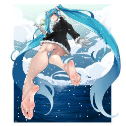 Rule 34 | aqua nails, bare legs, barefoot, black coat, blue eyes, blue hair, blush, border, breasts, cloud, coat, commentary, cube, earmuffs, eighth note, eiji (eiji), feet, floating, full body, fur-trimmed coat, fur trim, gloves, gradient sky, hair between eyes, hair ornament, hair scrunchie, hatsune miku, highres, horizon, kneepits, long hair, long sleeves, looking at viewer, looking back, musical note, nail polish, ocean, outside border, parted lips, scrunchie, sky, small breasts, snowing, soles, toenail polish, toenails, toes, twintails, very long hair, vocaloid, white border, white gloves, white scrunchie, zipper pull tab