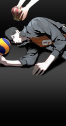 Rule 34 | absurdres, ball, black hair, crown, gradient background, haikyuu!!, highres, jacket, kageyama tobio, looking at viewer, lying, male focus, mix (wkupmix), numbers&#039; uniform, on side, open clothes, open jacket, shadow, short hair, simple background, solo focus, sportswear, volleyball, volleyball (object), volleyball uniform