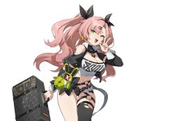Rule 34 | 1girl, black ribbon, breasts, cleavage, crop top, detached sleeves, hair ornament, hair ribbon, hairclip, highres, holding, holding suitcase, large breasts, long hair, looking at viewer, mole, mole on breast, mole under eye, navel, nicole demara (zenless zone zero), official art, pink hair, ribbon, shorts, solo, strapless, suitcase, thighhighs, transparent background, tube top, two side up, zenless zone zero