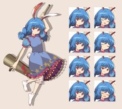 1girl 4rion :q absurdres animal_ears arm_up bloomers blue_dress blue_hair blush closed_eyes closed_mouth commentary_request crescent_print dress drop_shadow earclip expressions frilled_dress frilled_sleeves frilled_socks frills highres holding holding_mallet kine leg_up mallet medium_hair rabbit_ears rabbit_girl rabbit_tail red_eyes see-through_clothes seiran_(touhou) simple_background small_sweatdrop smile socks solo star_(symbol) star_print tachi-e tail tongue tongue_out touhou underwear white_socks