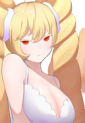 Rule 34 | 1girl, blonde hair, borrowed character, breasts, cleavage, colored eyelashes, drill hair, highres, large breasts, looking at viewer, original, red eyes, simple background, solo, upper body, yellow background