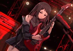 Rule 34 | 1girl, absurdres, amplifier, black hair, black jacket, black nails, black shorts, blurry, blush, closed mouth, commentary, covered collarbone, depth of field, english commentary, esp guitars, girls band cry, guitar, highres, holding, holding guitar, holding instrument, instrument, jacket, long hair, microphone stand, mixed-language commentary, nail polish, nanoram, off shoulder, red eyes, red shirt, red theme, rin (girls band cry), shirt, shorts, sidelocks, sleeveless, sleeveless shirt, solo, sparkle, stage lights