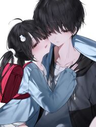 Rule 34 | 1boy, 1girl, age difference, ahoge, aochan 1325, backpack, bag, black eyes, black hair, black jacket, blue shirt, blush, cheek-to-cheek, child, commentary request, couple, ear piercing, earrings, expressionless, grey shirt, hair ornament, half-closed eyes, heads together, hetero, highres, jacket, jewelry, long hair, open mouth, original, piercing, rabbit hair ornament, randoseru, red bag, shirt, simple background, smile, twintails, upper body, white background, yami kawaii