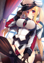 1girl adjusting_clothes adjusting_headwear arm_up between_breasts black_gloves black_pantyhose blonde_hair blush breasts capelet closed_mouth clothes_pull colored_eyelashes cosplay covered_erect_nipples covered_navel cowboy_shot cross curtains day dust eyelashes fate_testarossa frown gloves graf_zeppelin_(kancolle) graf_zeppelin_(kancolle)_(cosplay) groin hat impossible_clothes indoors iron_cross kantai_collection large_breasts leg_up long_hair long_sleeves looking_at_viewer lyrical_nanoha military military_uniform necktie necktie_between_breasts panties pantyhose pantyhose_pull peaked_cap raiou red_eyes see-through_clothes shirt sidelocks skindentation solo standing standing_on_one_leg striped_clothes striped_panties tareme tassel twintails underwear vertical-striped_clothes vertical-striped_panties very_long_hair wavy_mouth white_shirt window