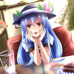 Rule 34 | 1girl, bad id, bad pixiv id, blue hair, blush, cake, head rest, curtains, cushion, elbow rest, flower, food, fruit, hands on own cheeks, hands on own face, hat, highres, hinanawi tenshi, indoors, long hair, looking at viewer, peach, pov across table, red eyes, reflection, short sleeves, sitting, smile, solo, table, touhou, wendell, wooden wall