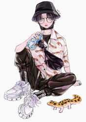 Rule 34 | 1girl, absurdres, animal print, arm support, black hat, black socks, blue eyes, bottle, brown hair, brown pants, collarbone, fanny pack, gecko, glasses, hat, highres, holding, holding bottle, jewelry, knee up, looking at viewer, mask, mole, mole under eye, mouth mask, nail polish, original, pants, ring, short hair, signature, sitting, socks, solo, white footwear, yairowata05