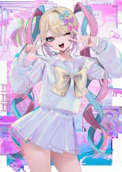 Rule 34 | 1girl, ;d, bebe (bebe pp), blonde hair, blue bow, blue eyes, blue hair, blue nails, blue shirt, blue skirt, bow, chouzetsusaikawa tenshi-chan, cowboy shot, double v, hair bow, highres, holographic clothing, long hair, long sleeves, looking at viewer, multicolored hair, multicolored nails, multiple hair bows, needy girl overdose, one eye closed, open mouth, pin, pink bow, pink hair, pink nails, pleated skirt, purple bow, quad tails, sailor collar, school uniform, serafuku, shirt, skirt, smile, solo, standing, twintails, v, very long hair, yellow bow