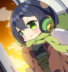 Rule 34 | 1girl, absurdres, black hair, black skirt, black sweater, blush, breasts, brown jacket, brown sky, chibi, closed mouth, cloud, cloudy sky, commentary request, dutch angle, green scarf, hair between eyes, headphones, highres, jacket, kyoumachi seika, large breasts, long sleeves, milkpanda, open clothes, open jacket, puffy long sleeves, puffy sleeves, red eyes, ribbed sweater, scarf, short eyebrows, skirt, sky, sleeves past wrists, smile, solo, sunset, sweater, thick eyebrows, voiceroid, yellow sky
