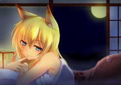 Rule 34 | 1girl, animal ears, arched back, armpits, bare shoulders, blanket, blonde hair, blue eyes, blush, finger to mouth, fox ears, fujikusa, full moon, hair between eyes, japanese clothes, long hair, looking at viewer, lying, moon, night, night sky, on bed, on stomach, original, pillow, pov across bed, sky, sleeveless, sliding doors, smile, solo, under covers