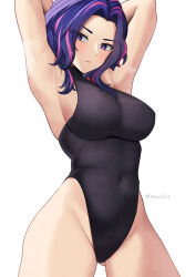 Rule 34 | 1girl, absurdres, armpits, arms behind head, arms up, belt, blue one-piece swimsuit, boku no hero academia, breasts, covered navel, dress, highres, impossible clothes, impossible dress, impossible swimsuit, lady nagant, large breasts, medium hair, multicolored hair, nassss, one-piece swimsuit, purple eyes, purple hair, sideboob, sleeveless, sleeveless turtleneck, solo, streaked hair, sweat, swimsuit, taut clothes, taut dress, taut swimsuit, turtleneck, turtleneck dress, twitter username, two-tone hair, wavy hair
