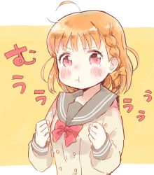 Rule 34 | 10s, 1girl, :t, ahoge, blush, bow, braid, clenched hands, commentary request, double-breasted, hair bow, love live!, love live! sunshine!!, orange background, orange hair, pout, red bow, red eyes, school uniform, serafuku, shijimi kozou, short hair, side braid, simple background, solo, takami chika, tears, yellow bow