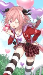 Rule 34 | 1boy, astolfo (fate), balloon, blinking, braid, candy, chocolate, chocolate heart, fate/apocrypha, fate/grand order, fate (series), food, hand on own hip, heart, kan&#039;yu (citron 82), looking at viewer, male focus, navel, open mouth, pink hair, purple eyes, skirt, solo, striped clothes, striped thighhighs, thighhighs, trap, valentine, zettai ryouiki
