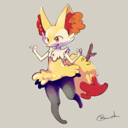 Rule 34 | 1girl, animal ear fluff, animal ears, animal nose, artist name, black fur, body fur, braixen, creatures (company), female focus, flat chest, fox ears, fox girl, fox tail, full body, furry, furry female, game freak, gen 6 pokemon, grey background, hands up, happy, highres, leg up, looking down, neck fur, nintendo, open mouth, pokemon, pokemon (creature), red eyes, signature, simple background, smile, snout, solo, standing, standing on one leg, stick, tail, white fur, yellow fur, zigrock