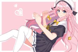 Rule 34 | 1girl, angelica (epic seven), black skirt, blue eyes, bow, epic seven, feet out of frame, hand up, hat, heart, heart-shaped pupils, long hair, looking at viewer, pink background, pink hair, puffy short sleeves, puffy sleeves, school uniform, short sleeves, simple background, skirt, skyfall kun, smile, solo, symbol-shaped pupils, thighhighs, very long hair, white hat, white thighhighs, yellow bow