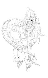 Rule 34 | 1girl, absurdres, ahoge, armor, ass, boot knife, boots, chuzenji, crocodilian tail, dragon tail, fingerless gloves, fingernails, flower, gloves, greyscale, high heels, highres, holding, holding weapon, knife, long fingernails, long hair, monochrome, original, pouch, solo, spurs, tail, thigh strap, thighhighs, weapon