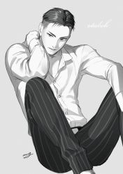 Rule 34 | 1boy, amg (nwmnmllf), arm behind head, artist name, character name, collared shirt, greyscale, male focus, monochrome, otabek altin, pants, shirt, sitting, solo, striped clothes, striped pants, yuri!!! on ice