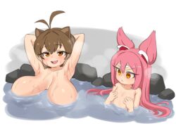 Rule 34 | 2girls, ahoge, animal ears, arms behind head, arms up, basukechi, blazblue, breast envy, breasts, breasts apart, brown eyes, brown hair, flat chest, floating breasts, huge breasts, kokonoe (blazblue), looking at another, looking at breasts, makoto nanaya, multiple girls, onsen, partially submerged, pink hair, thick eyebrows