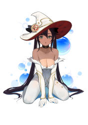 Rule 34 | 1girl, absurdres, alternate costume, bare shoulders, black hair, breasts, bubble, choker, collarbone, dress, genshin impact, hair between eyes, hat, highres, leotard, long hair, looking at viewer, mona (genshin impact), open mouth, pantyhose, sitting, solo, white pantyhose, witch hat, wu yue [vulpes]
