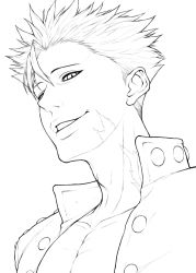 Rule 34 | 10s, 1boy, ban (nanatsu no taizai), gamigamimissile, greyscale, grin, jacket, leather, leather jacket, looking at viewer, male focus, monochrome, nanatsu no taizai, portrait, scar, short hair, simple background, smile, solo, spiked hair, white background
