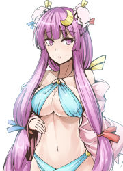 Rule 34 | 1girl, alternate costume, bikini, blue bikini, blue ribbon, blunt bangs, blush, breasts, bun cover, closed mouth, collarbone, commentary request, cowboy shot, crescent, crescent hair ornament, double bun, hair bun, hair ornament, hair ribbon, highres, large breasts, long hair, looking at viewer, navel, patchouli knowledge, purple eyes, purple hair, red ribbon, ribbon, sidelocks, solo, stomach, swimsuit, touhou, tress ribbon, underboob, undressing, very long hair, white background, y2